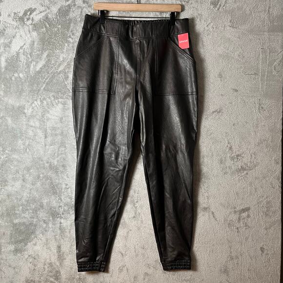 SPANX Black Leather Like Joggers Size 1X High Rise 20283R Pull On New - Picture 1 of 7